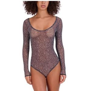 Long-Sleeve Mesh Bodysuit Black Marble